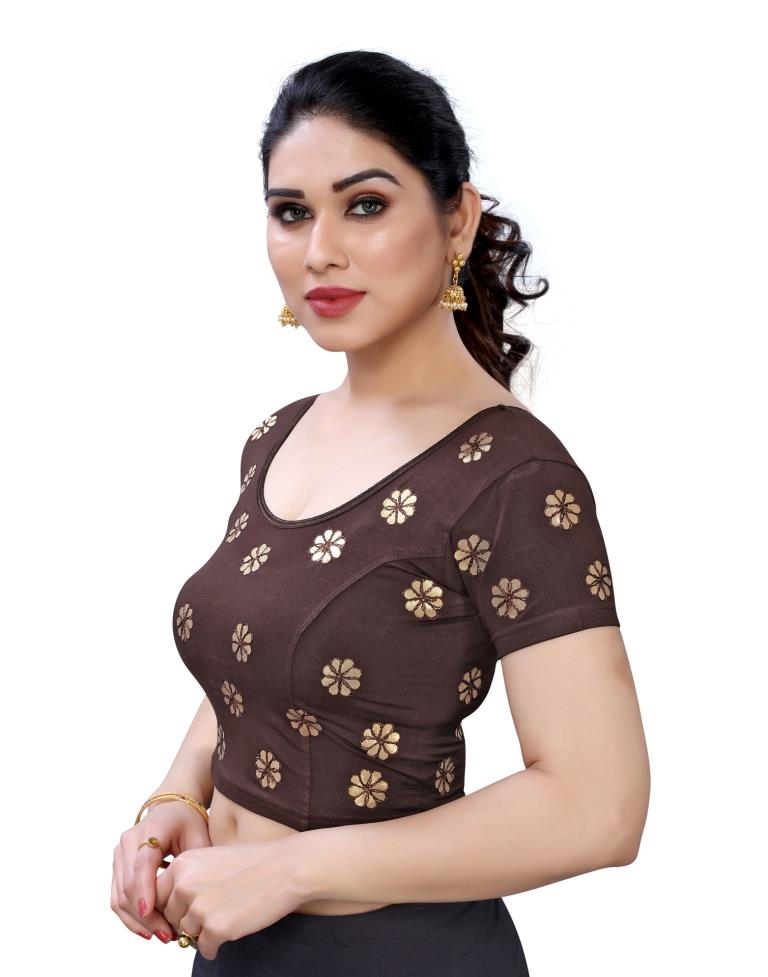 Exuberant Brown Coloured Lycra Embroidered Stitched Blouse