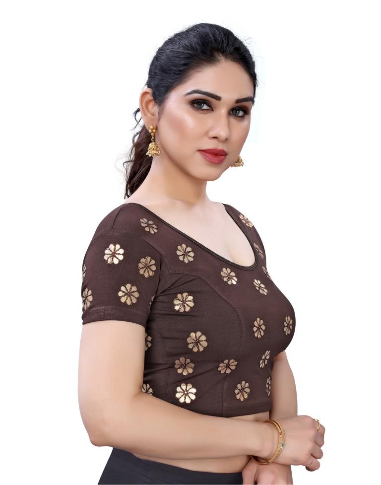 Exuberant Brown Coloured Lycra Embroidered Stitched Blouse