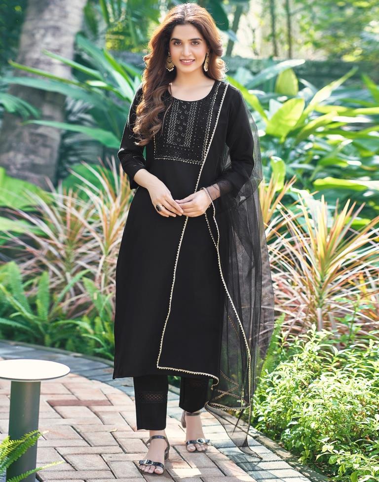 Black Cotton Straight Kurta Set With Dupatta