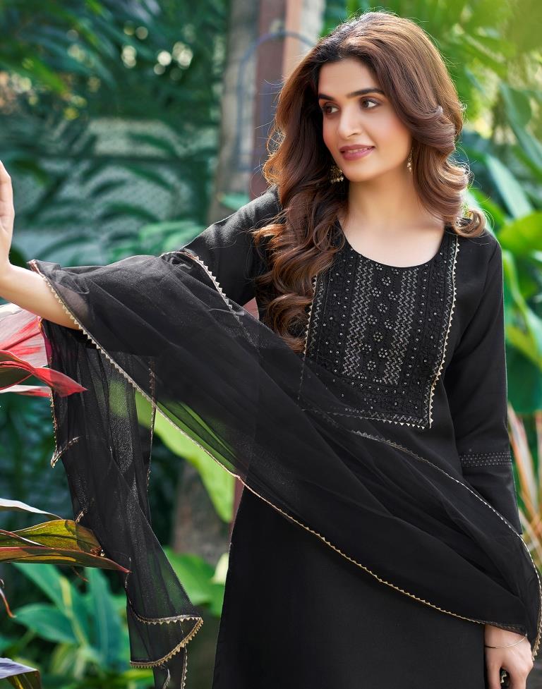 Black Cotton Straight Kurta Set With Dupatta