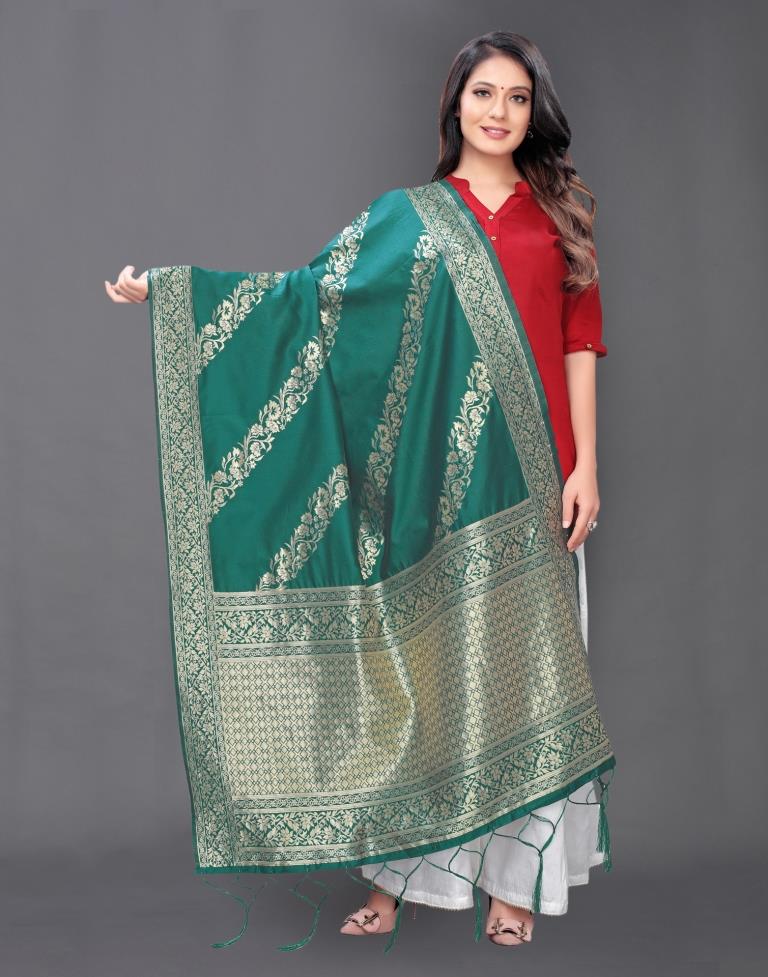 Fab Teal Green Coloured Poly Silk Jacquard Dupatta