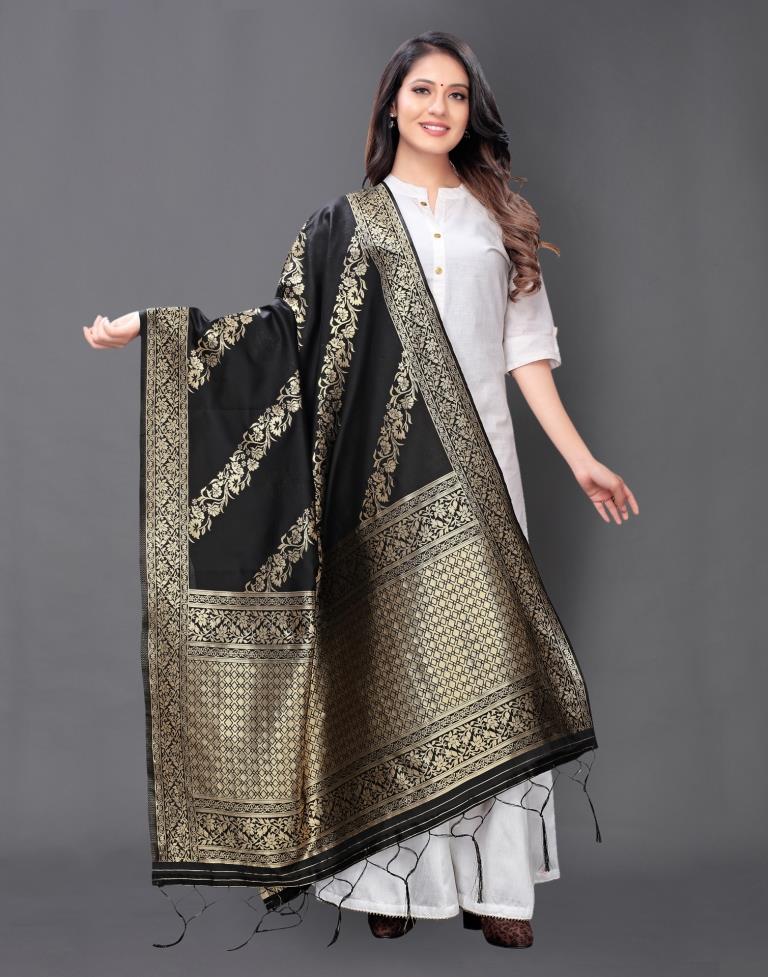 Beautiful Black Coloured Poly Silk Jacquard Dupatta