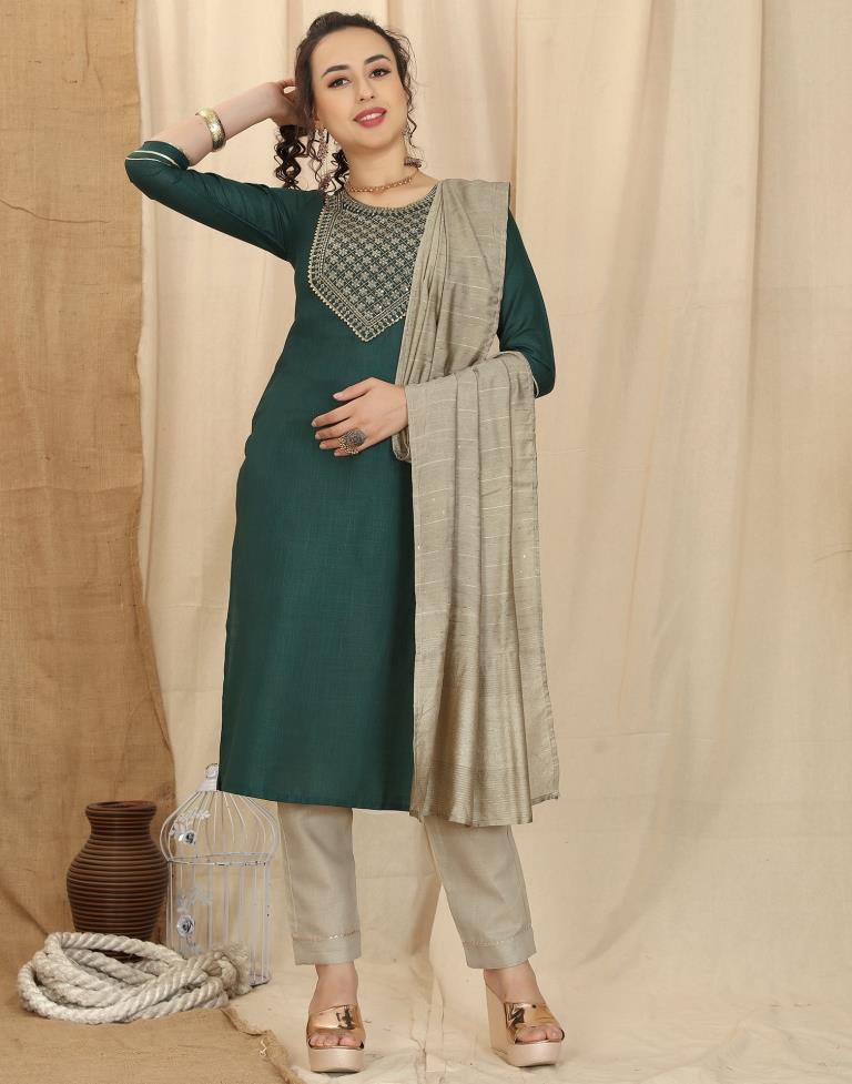 Green Cotton Embroidery Straight Kurta With Pant And Dupatta