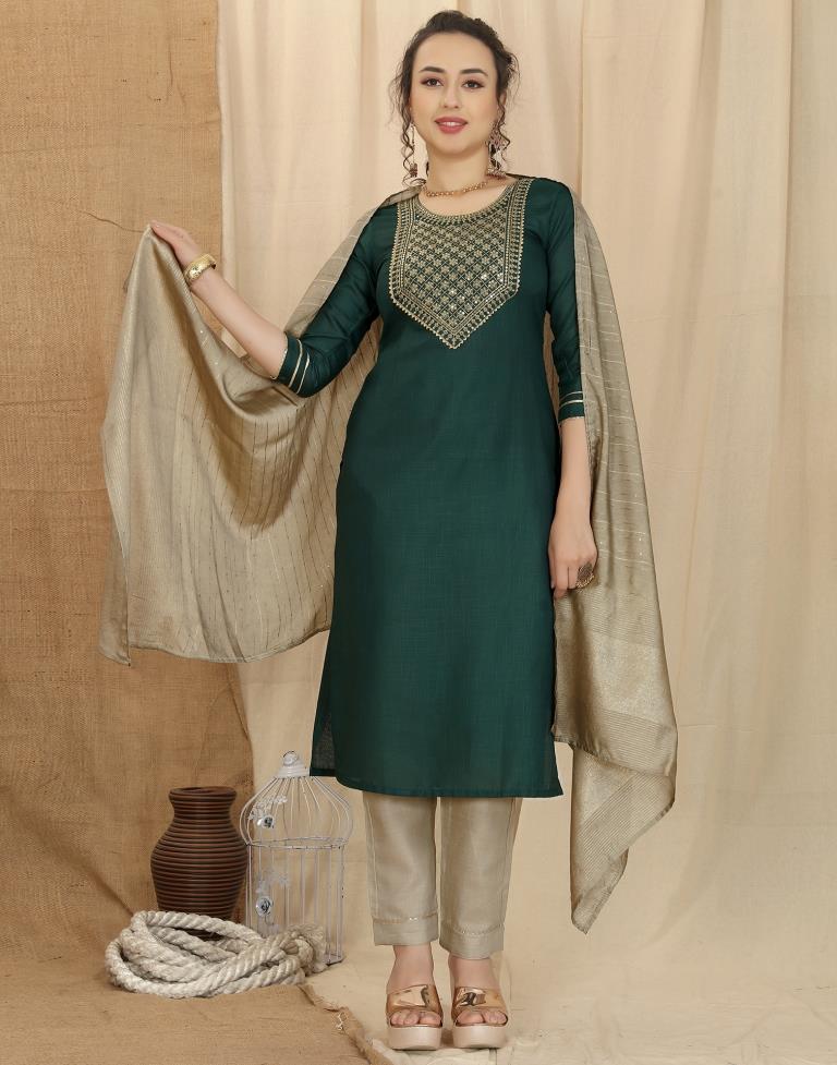 Green Cotton Embroidery Straight Kurta With Pant And Dupatta