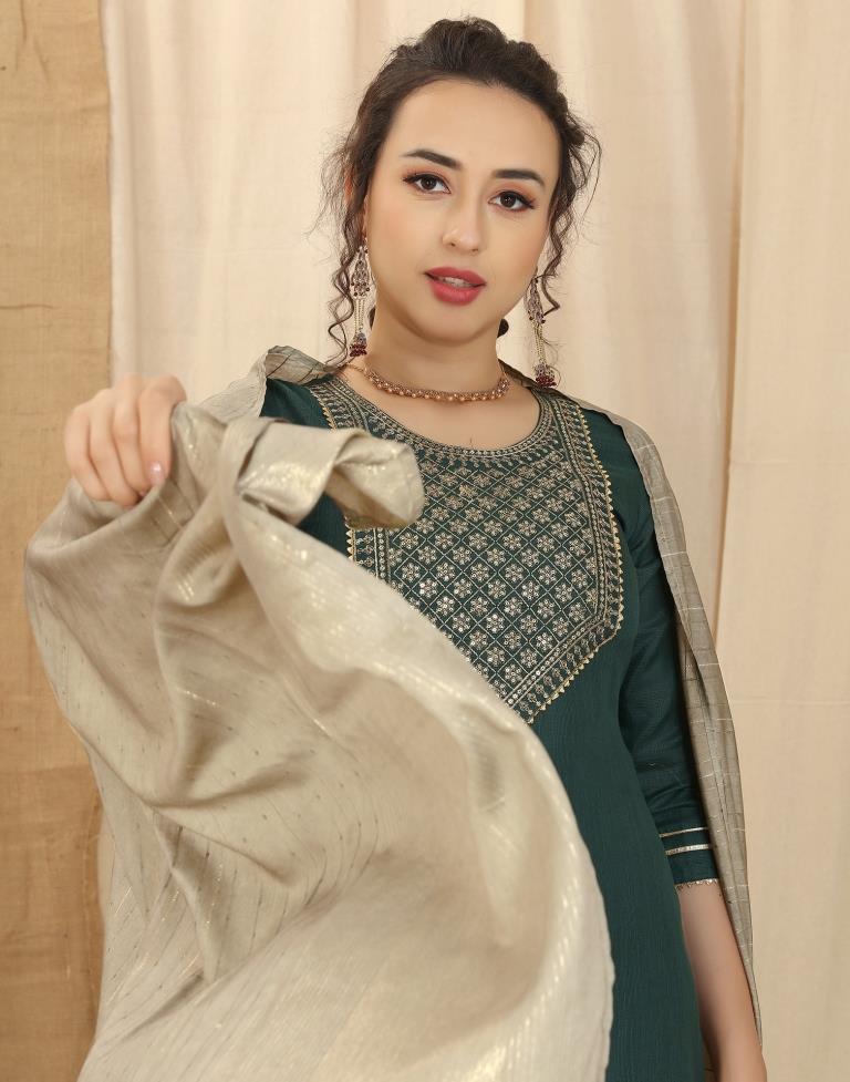 Green Cotton Embroidery Straight Kurta With Pant And Dupatta