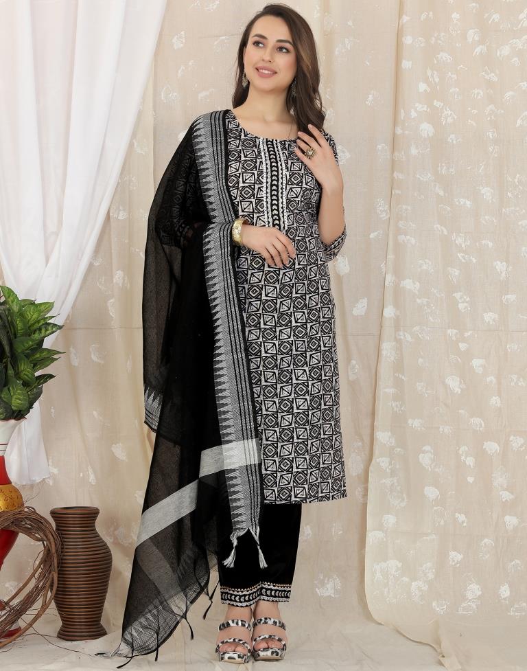 Black Cotton Printed Straight Kurta With Pant And Dupatta