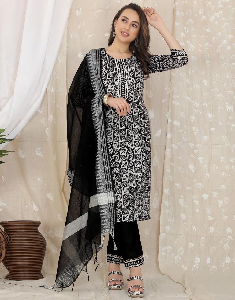 Black Cotton Printed Straight Kurta With Pant And Dupatta