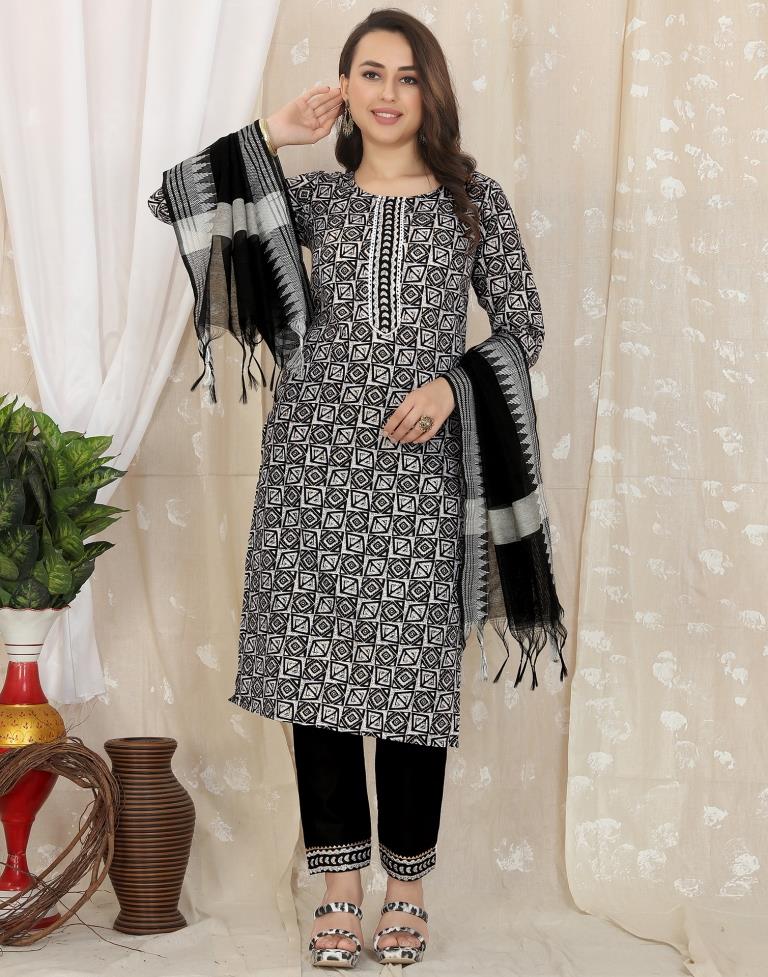 Black Cotton Printed Straight Kurta With Pant And Dupatta