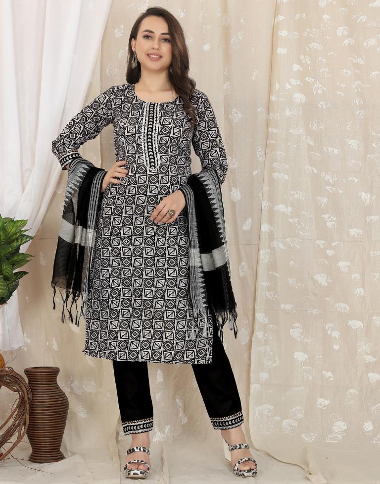 Black Cotton Printed Straight Kurta With Pant And Dupatta