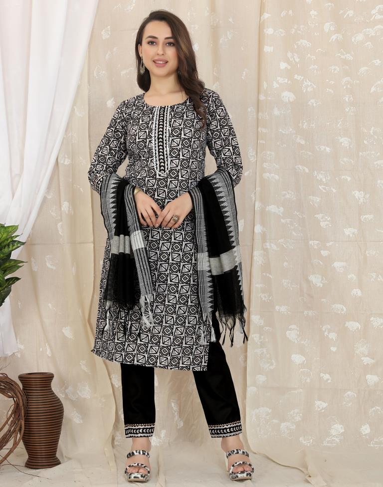 Black Cotton Printed Straight Kurta With Pant And Dupatta