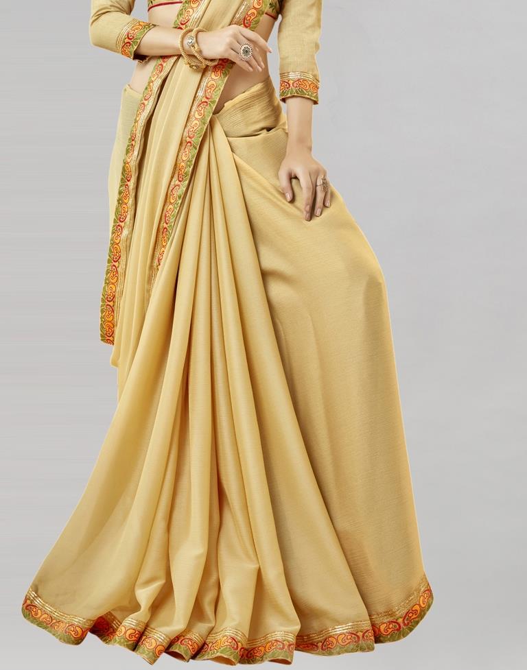 Beige Coloured Georgette Plain Border Partywear Saree