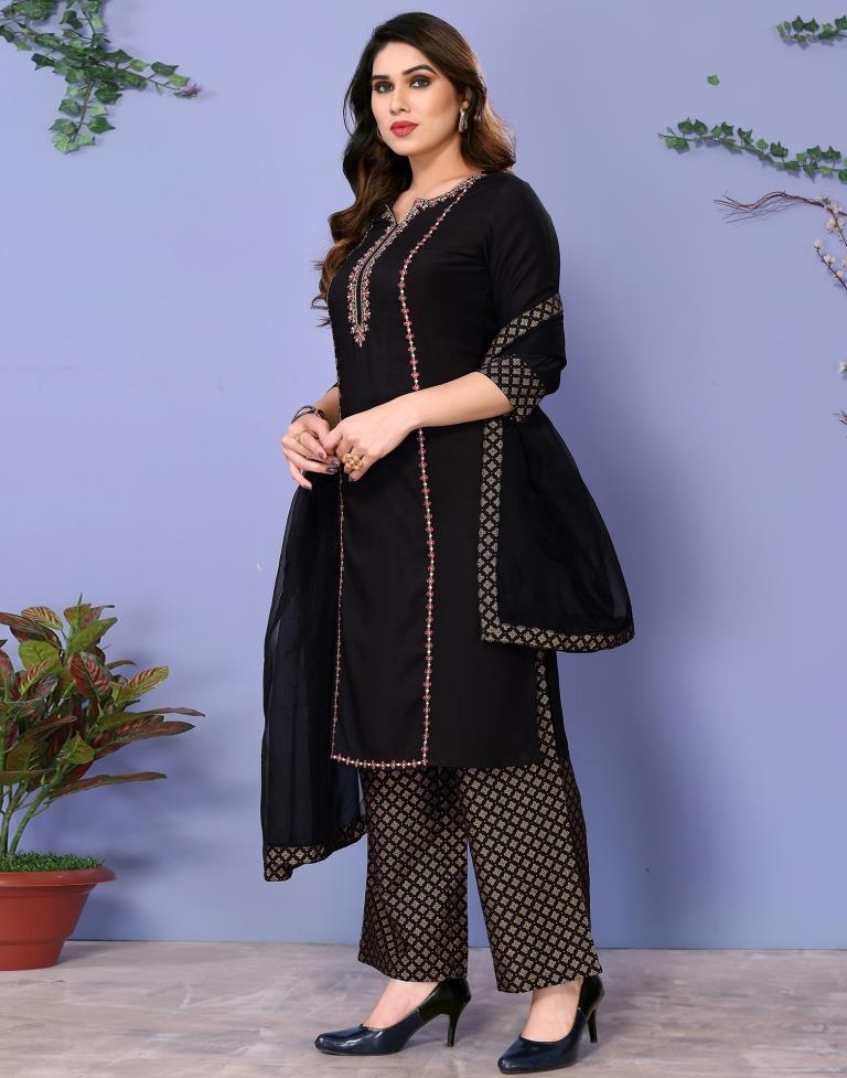 Black Gathered Kurta With Pant And Dupatta