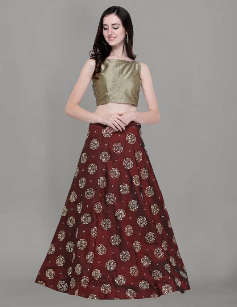 Fantastic Maroon Coloured Poly Silk Foil Printed Casual Wear Lehenga