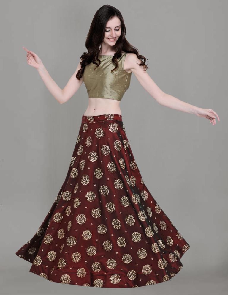 Fantastic Maroon Coloured Poly Silk Foil Printed Casual Wear Lehenga