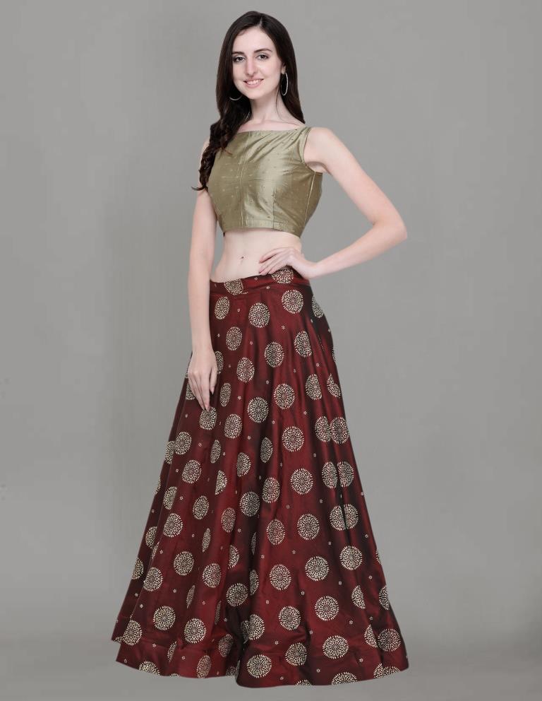 Fantastic Maroon Coloured Poly Silk Foil Printed Casual Wear Lehenga