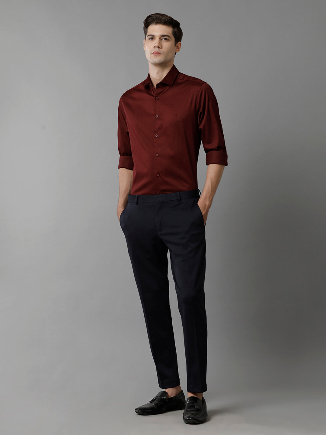 Aldeno Mens Regular Fit Solid Maroon Formal Satin Shirt (SCAMR)