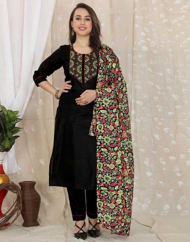 Black Cotton Embroidery Straight Kurta With Pant And Dupatta