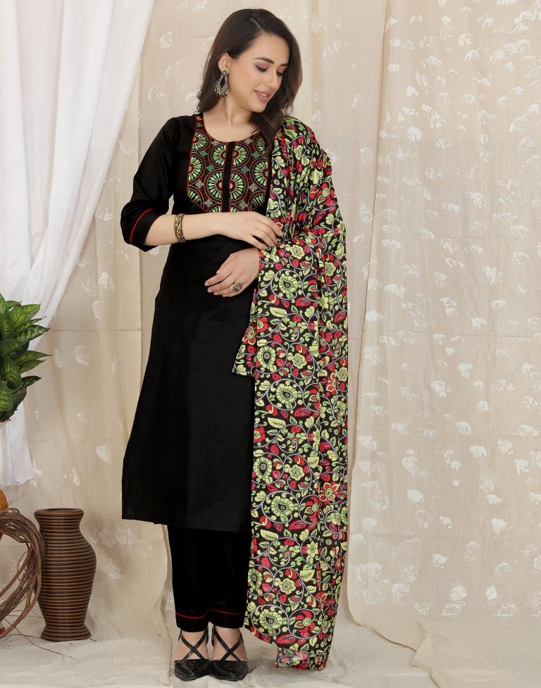 Black Cotton Embroidery Straight Kurta With Pant And Dupatta