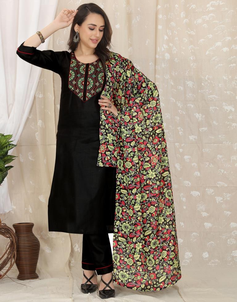 Black Cotton Embroidery Straight Kurta With Pant And Dupatta