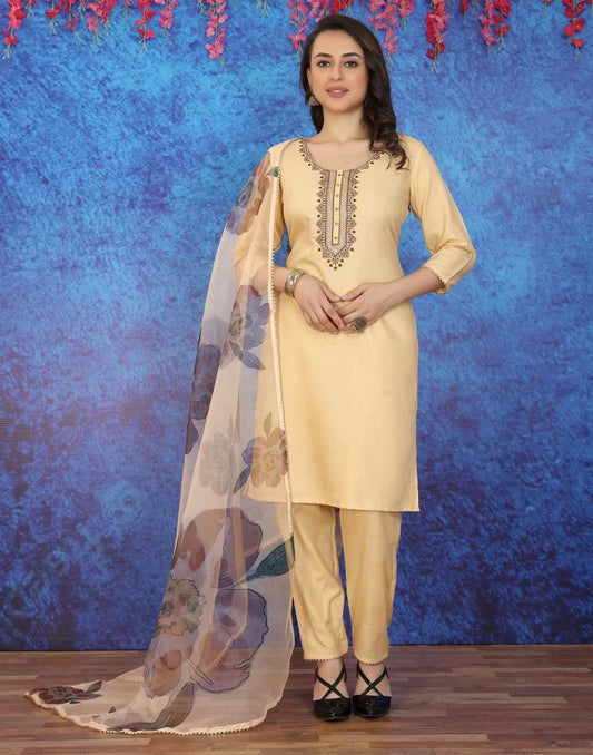 Beige Cotton Embroidery Straight Kurta With Pant And Dupatta