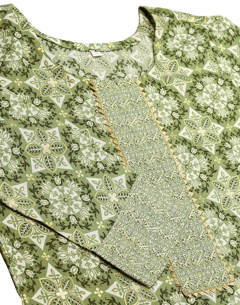 Green Cotton Printed Straight Kurta Kurti With Pant And Dupatta