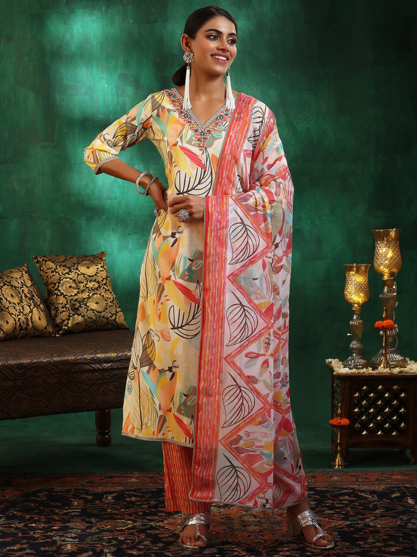 Off White Printed Silk Blend Straight Suit With Dupatta