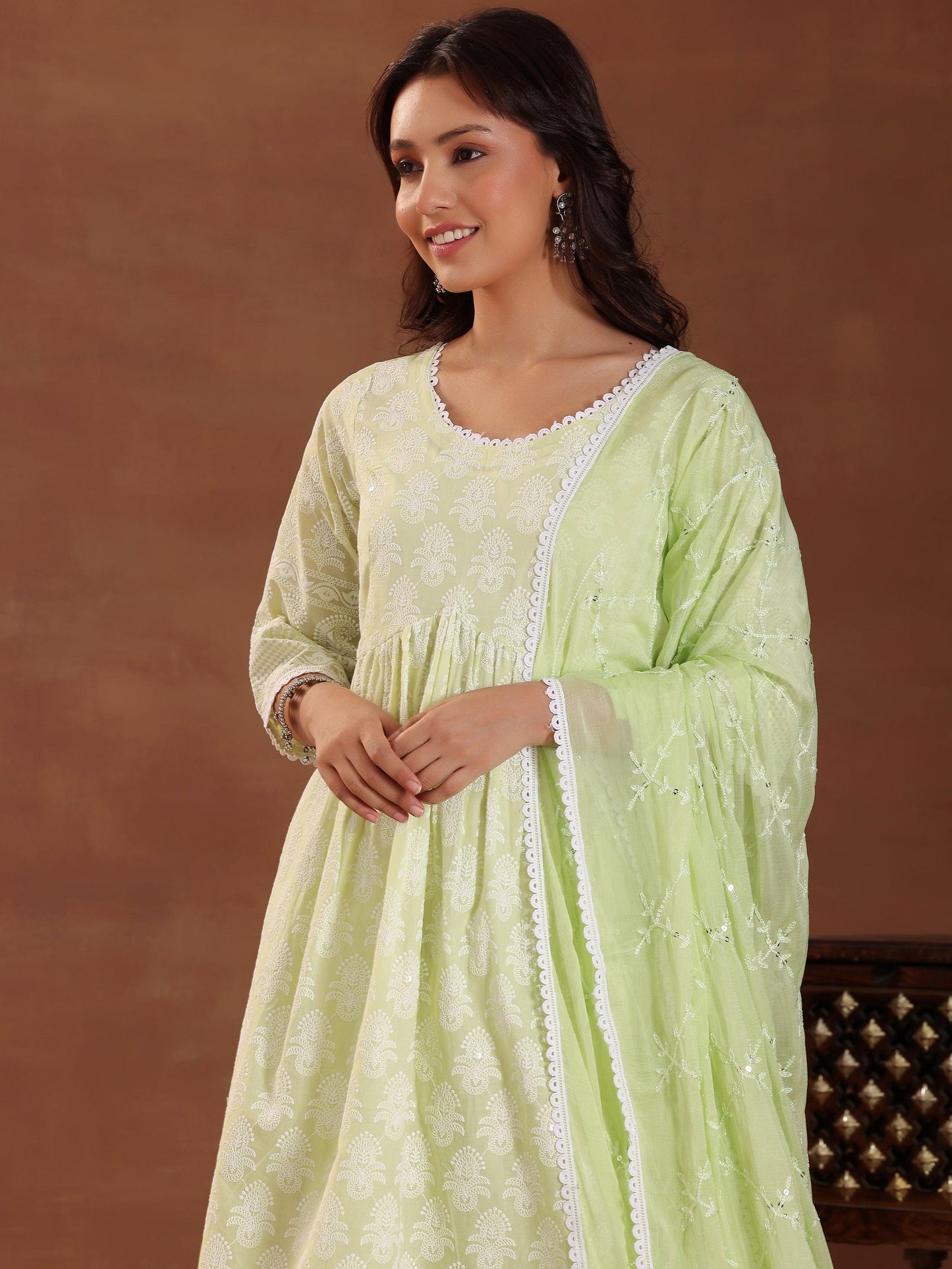 Green Embroidered Pure Cotton A-Line Kurta With Sharara & Dupatta