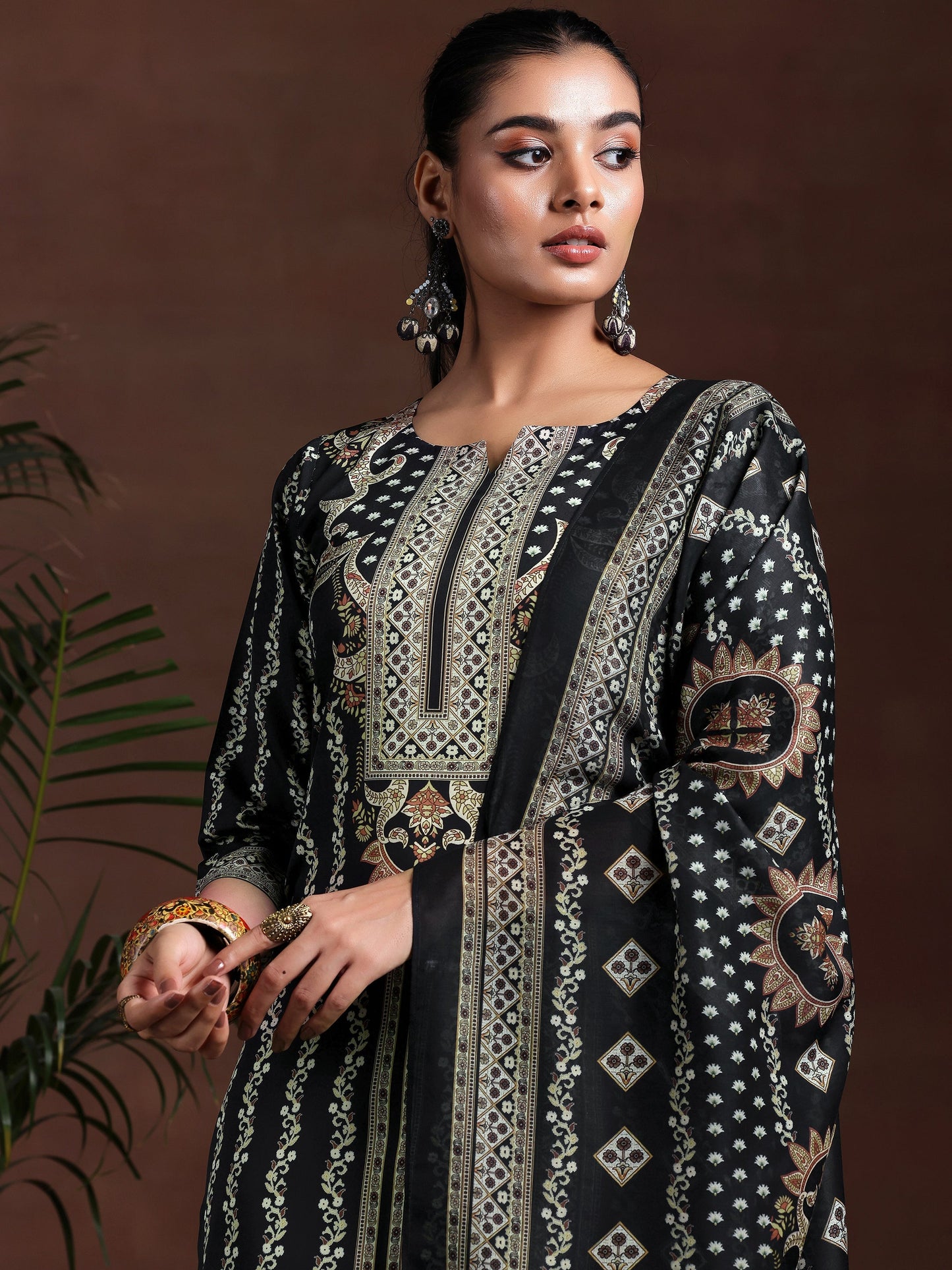 Black Printed Poly Crepe Straight Suit With Dupatta