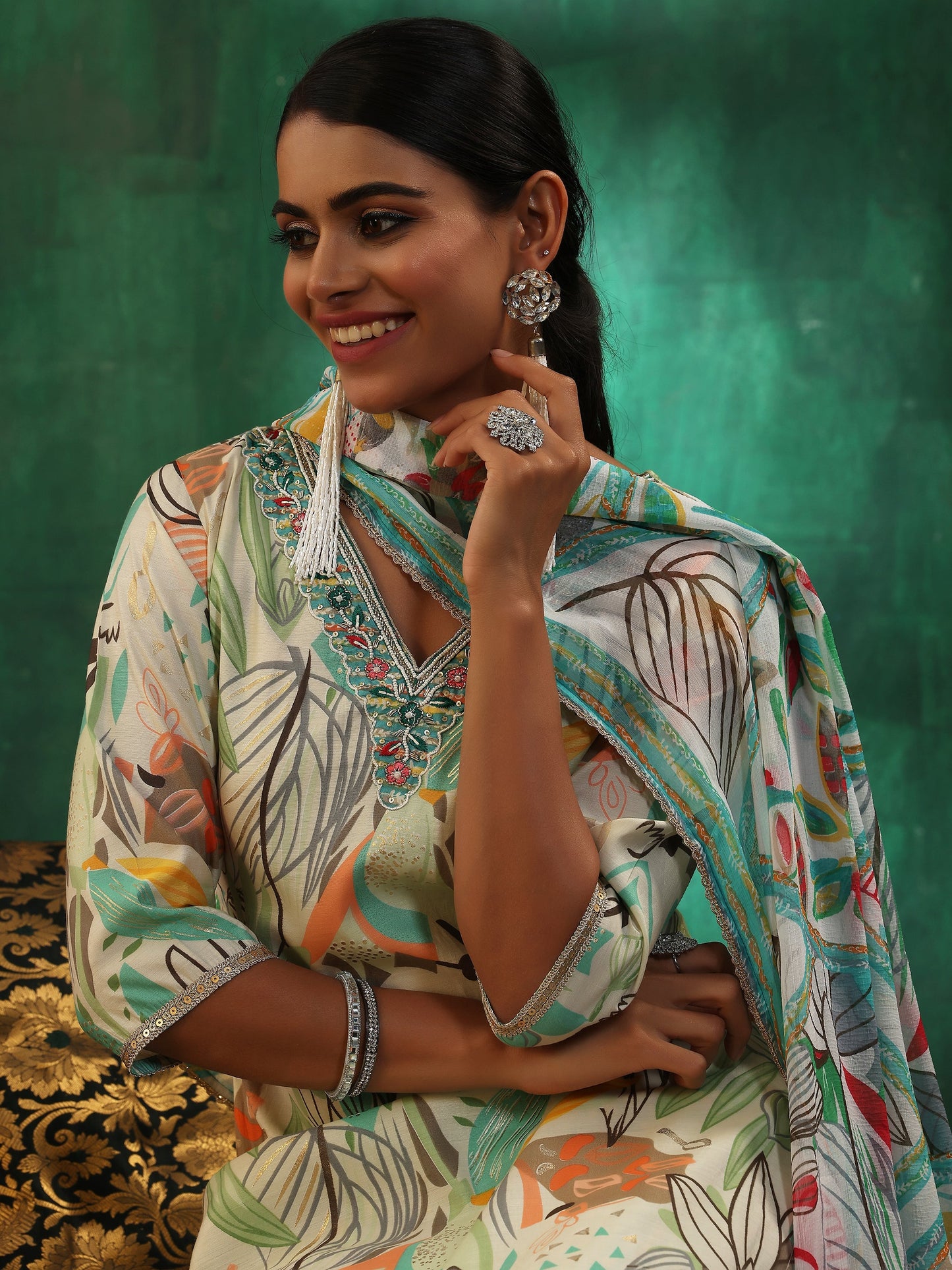 Off White Printed Silk Blend Straight Suit With Dupatta