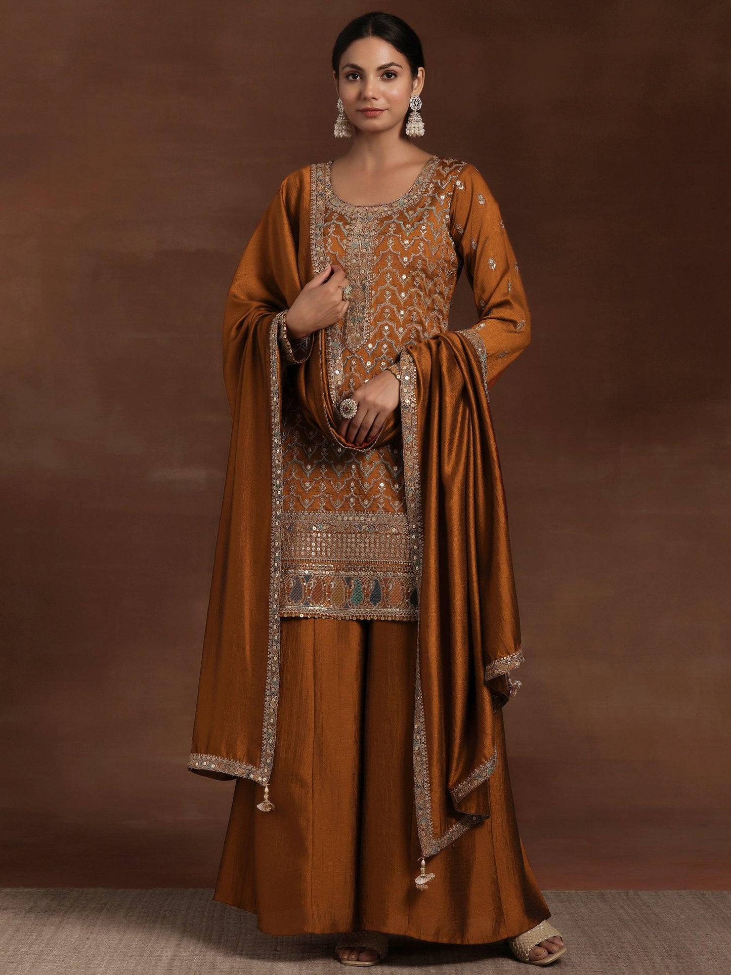 Adaa Rust Embroidered Silk Blend Straight Kurta With Palazzos & Dupatta