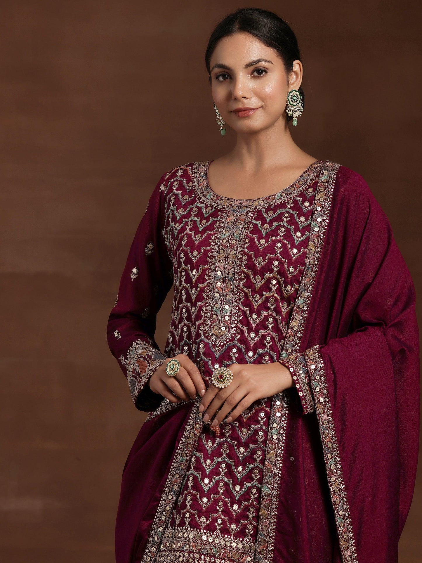 Adaa Wine Embroidered Silk Blend Straight Kurta With Palazzos & Dupatta