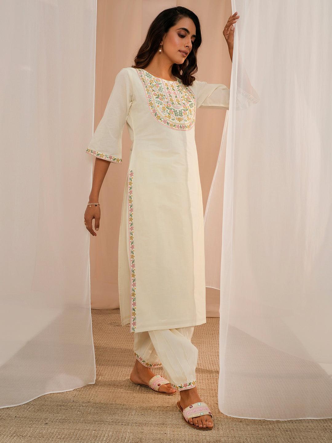 Off White Yoke Design Cotton Straight Suit With Dupatta