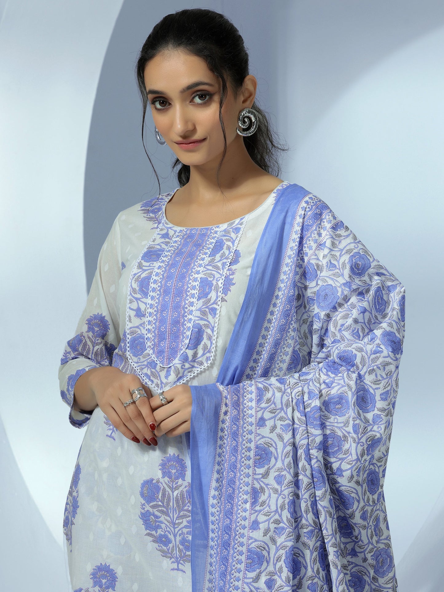 Off White Printed Cotton Straight Suit With Dupatta