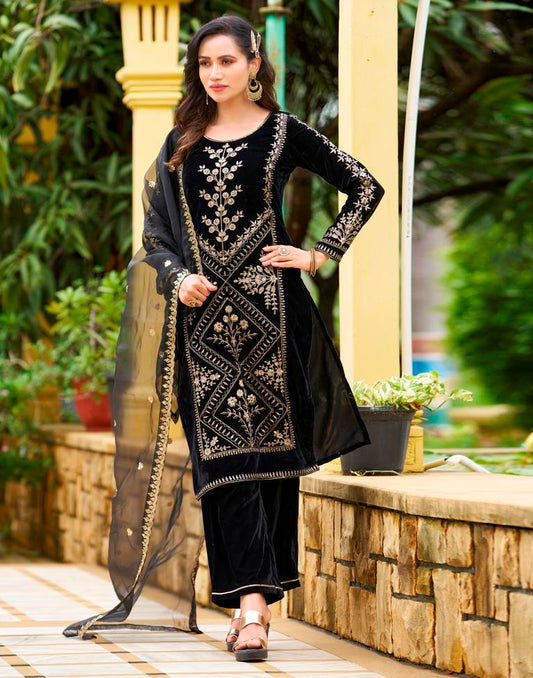 Black Embroidery Velvet Straight Kurta With Pant And Dupatta