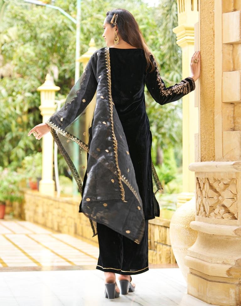 Black Embroidery Velvet Straight Kurta With Pant And Dupatta