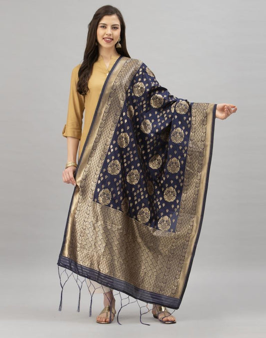 Favourable Navy Blue Coloured Poly Silk Jacquard Dupatta