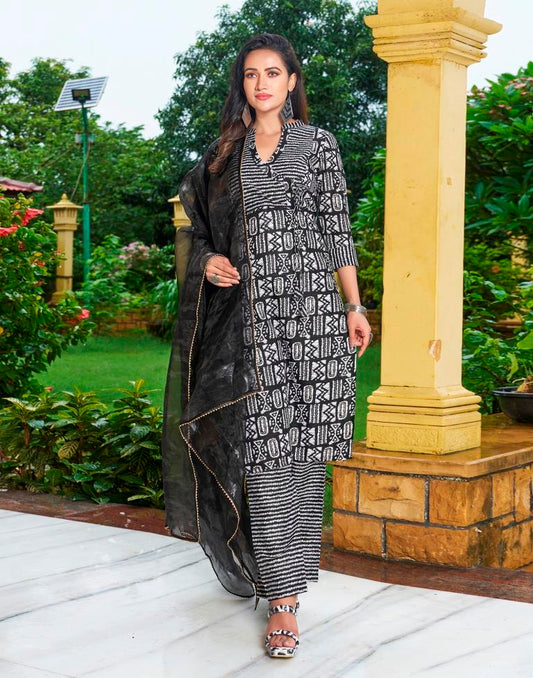 Black Printed Cotton Straight Kurta With Pant And Dupatta