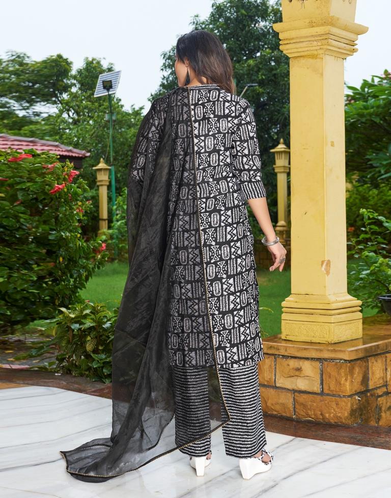 Black Printed Cotton Straight Kurta With Pant And Dupatta