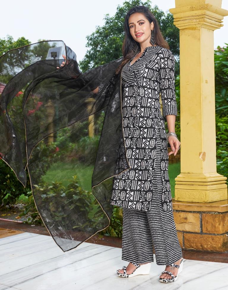 Black Printed Cotton Straight Kurta With Pant And Dupatta