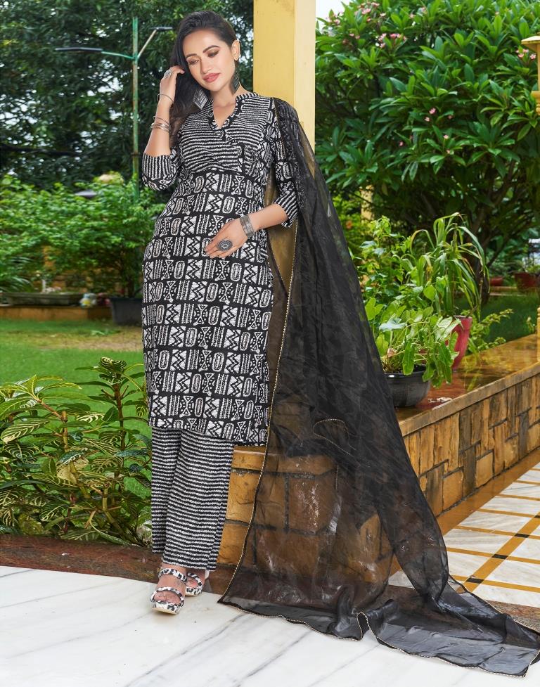 Black Printed Cotton Straight Kurta With Pant And Dupatta