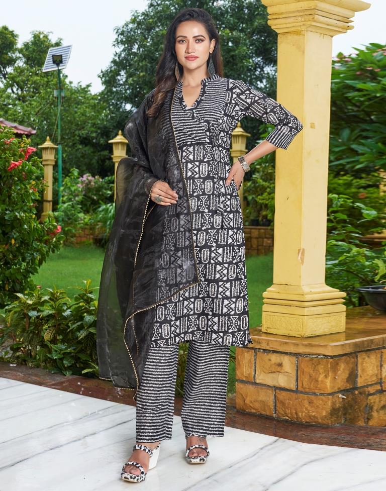 Black Printed Cotton Straight Kurta With Pant And Dupatta