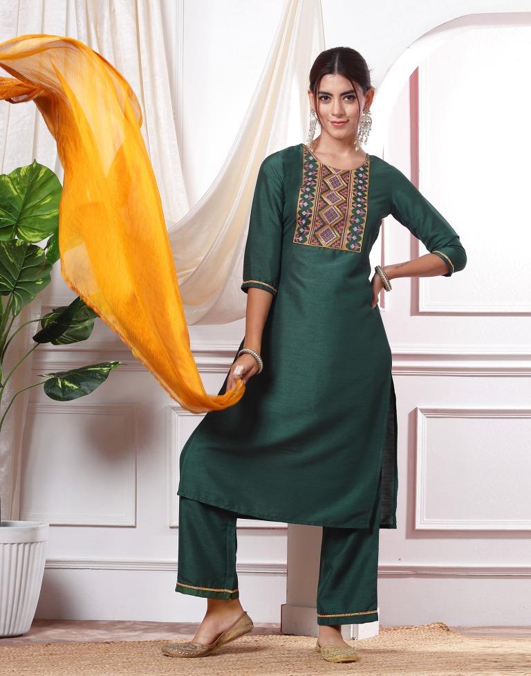 Green Embroidery Silk Straight kurta With Pant And Dupatta