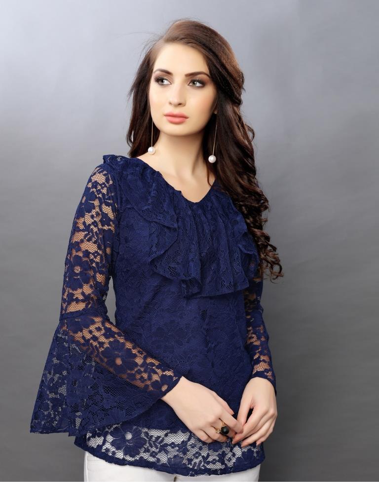 Astounding Navy Blue Coloured Net Russell Net Tops