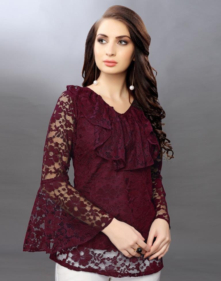 Beguiling Maroon Coloured Net Russell Net Tops