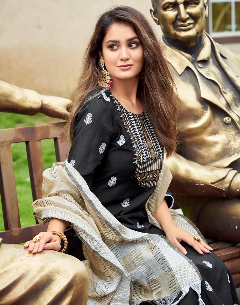 Black Printed Cotton Straight kurta With Pant And Dupatta