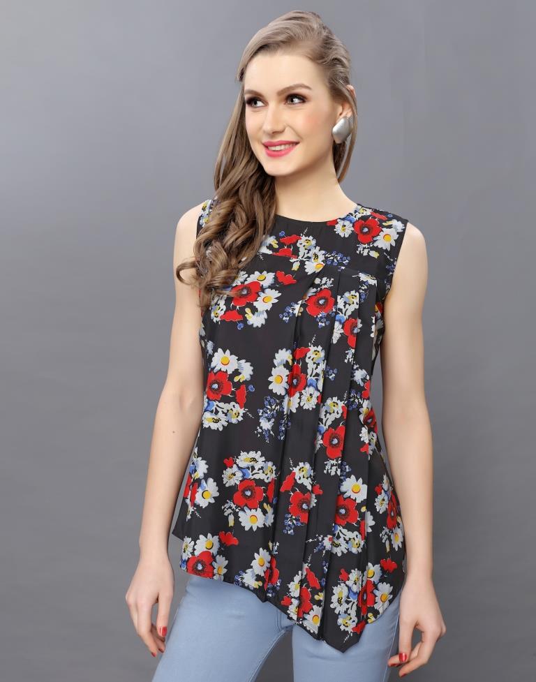 Beauteous Black Coloured Printed Crepe Tops