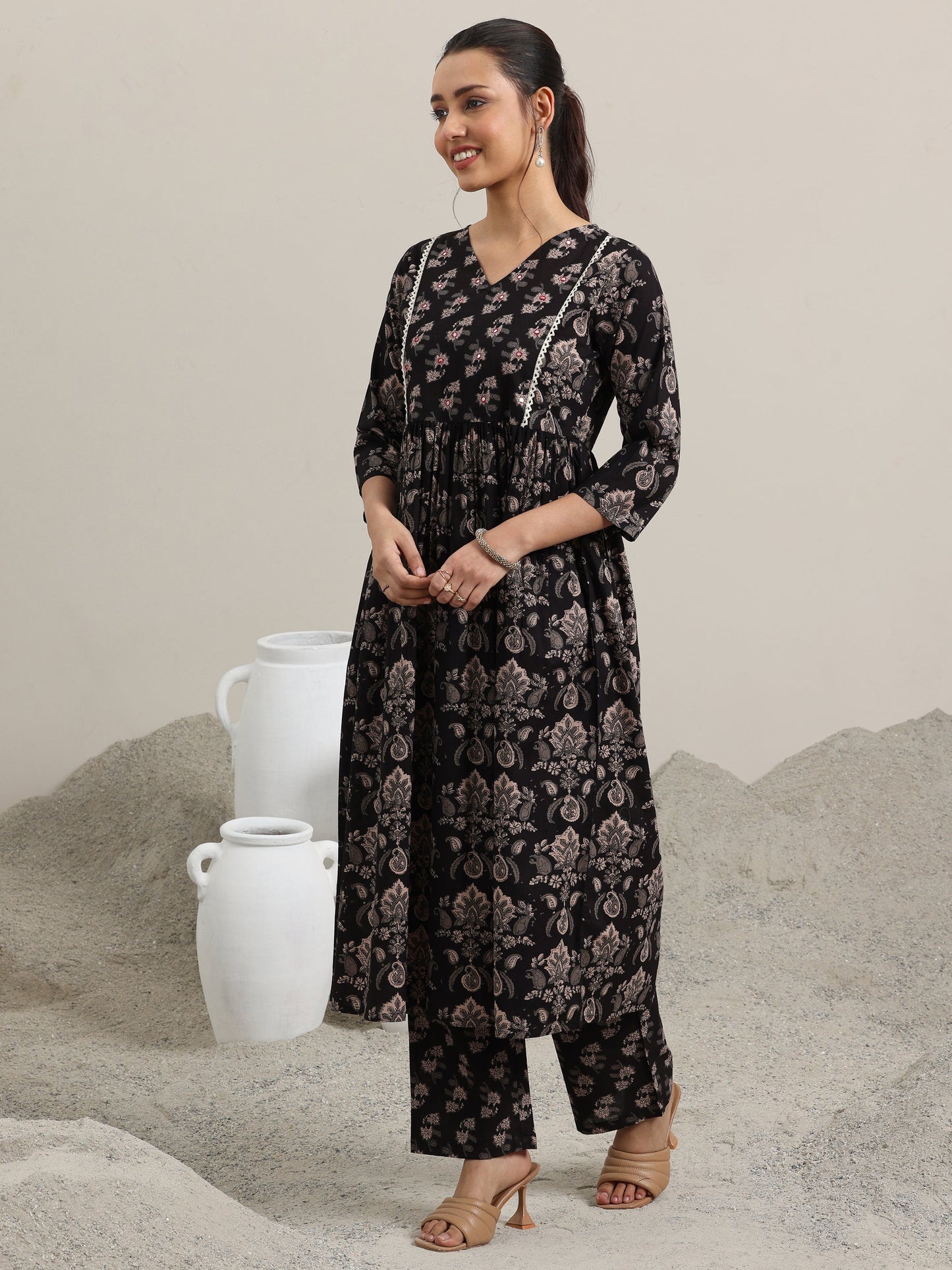 Black Printed Cotton Anarkali Kurta With Trousers