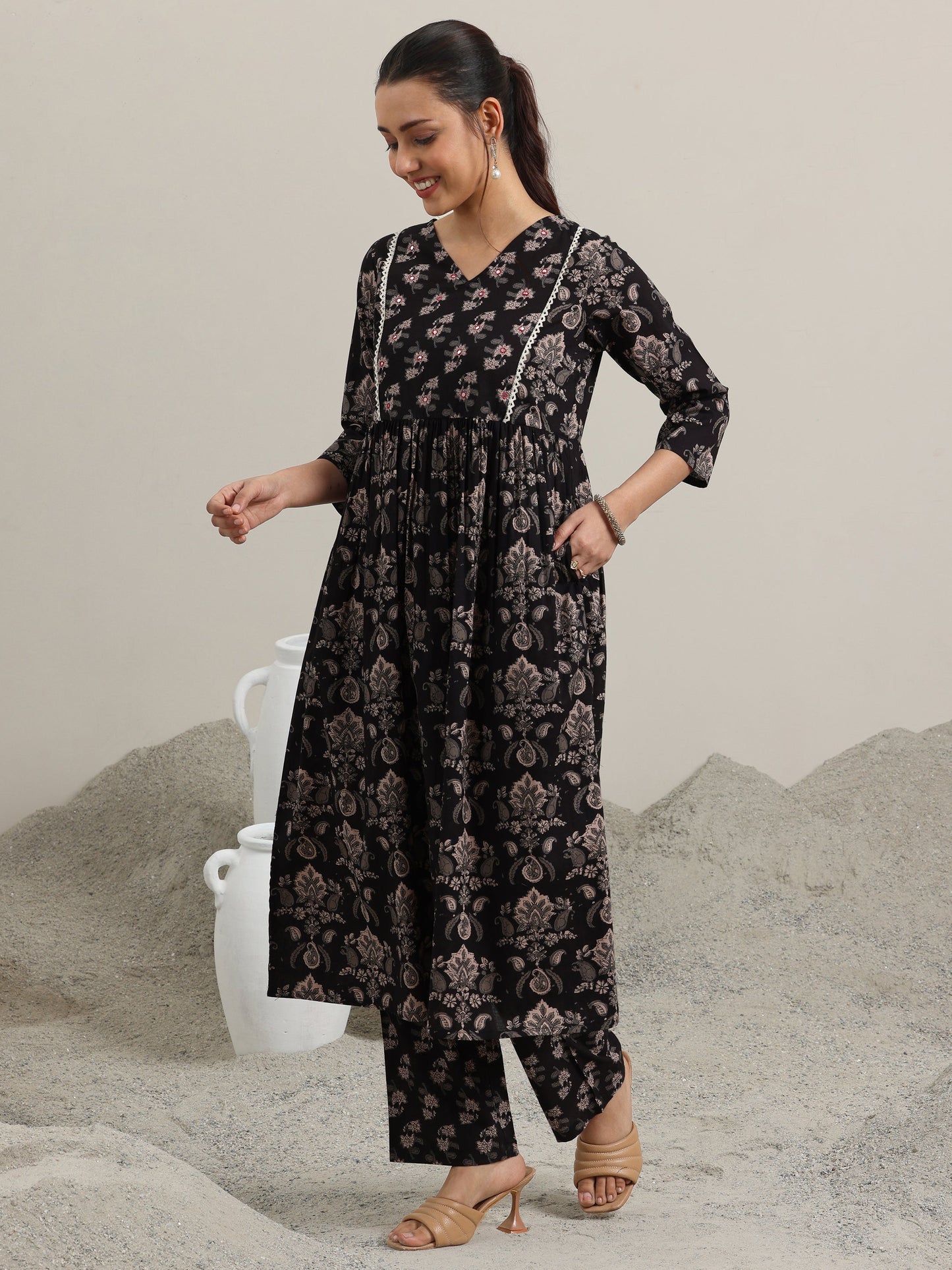 Black Printed Cotton Anarkali Kurta With Trousers