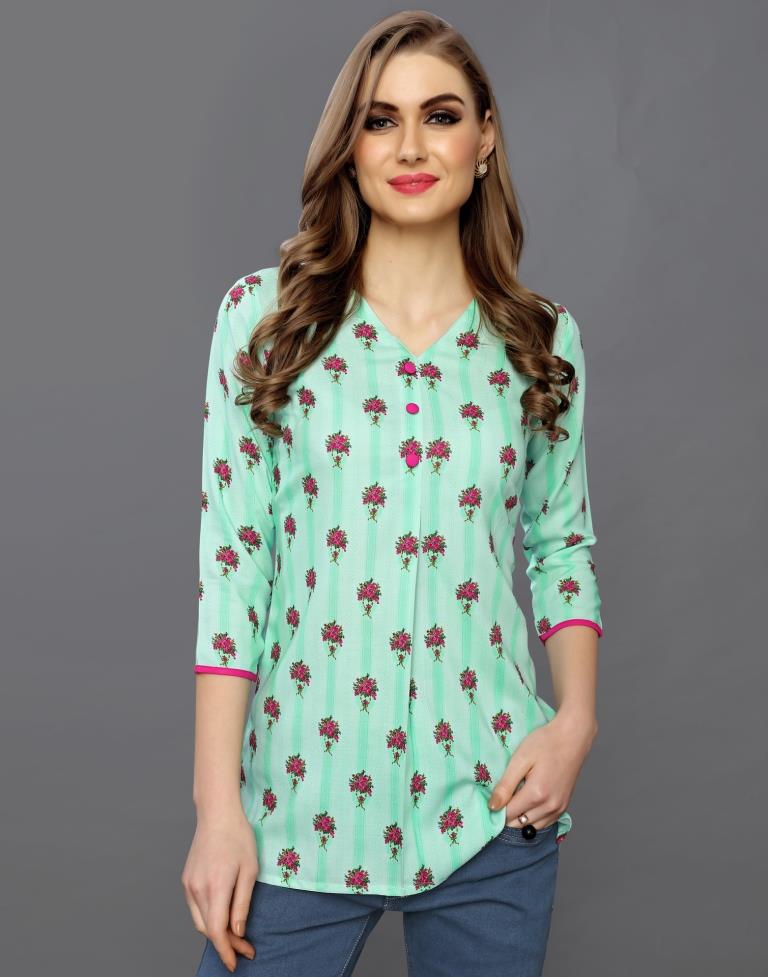 Adorable Aqua Green Coloured Printed Rayon Tops