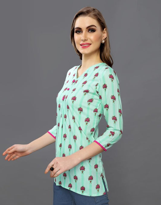 Adorable Aqua Green Coloured Printed Rayon Tops